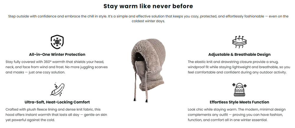 🎄Christmas Sale 50% OFF⛄️Women’s Thermal Knit Hood – Fleece-Lined Winter Hat, Neck Warmer & Face Cover Combo